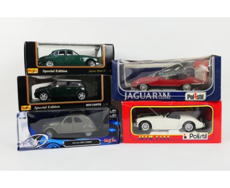 Maisto - Polistil - Five boxed Bburago diecast model vehicles in 1:18 scale. Lot includes Maisto Special Edition Citroen 2CV 
