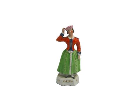 A Staffordshire Alpha portrait figure of Jenny Lind, playing the role of Maria, standing on a shaped base, Titled M LIND in i