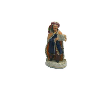 A Staffordshire portrait figure of Mr Barton in the role of Giaffier, standing holding a scroll  Circa 1847   size 20.5cm hig