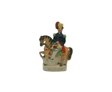 A rare Staffordshire portrait figure of Abd-ul-Medjid on horseback, Titled The Sultan in raised gilt capitals, Circa 1854, si