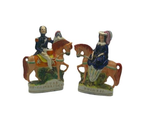 A pair of Staffordshire portrait figures of The Duke and Duchess of Cambridge on horseback Circa 1854   size 22.5cm high  Con