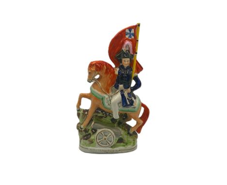 A Staffordshire portrait figure of Sir James Simpson on horseback, holding a flag in his left hand. Titled GNL Simpson in gil