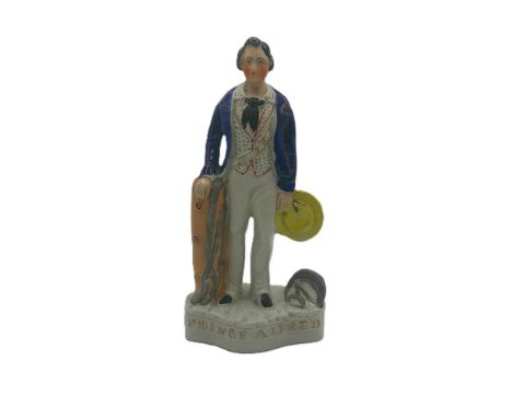 A Staffordshire Portrait figure of Prince Alfred, standing with his right hand on a roped pillar, holding a boater in his lef