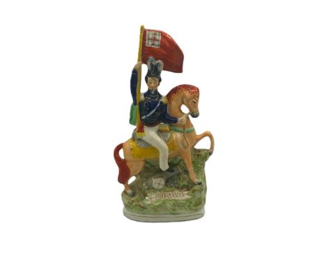 A Staffordshire portrait figure of Sir George Brown on horseback, with his right arm raised holding a flag. Titled G Brown in