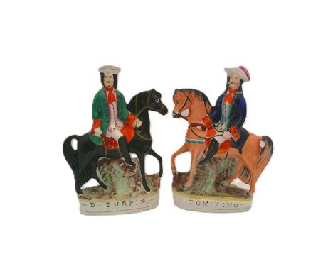 A pair of Staffordshire portrait figures of Tom King and Dick Turpin on horseback.  Both titled in black raised capitals.  Ci