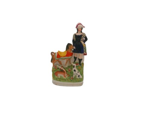 A Staffordshire portrait figure of a Hunter standing with his pony alongside and his dog and a fawn at his feet  Circa 1850. 