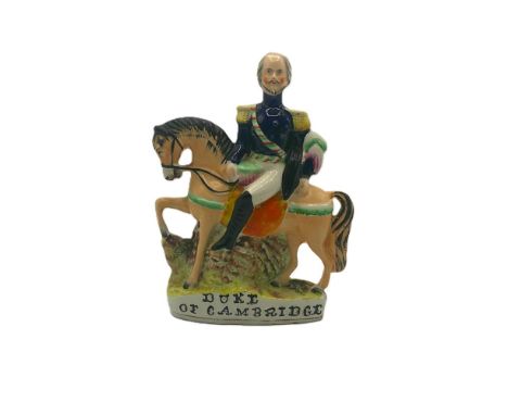 A Staffordshire portrait figure of The Duke of Cambridge on horseback. Titled Duke of Cambridge in black. Circa 1855   size 2