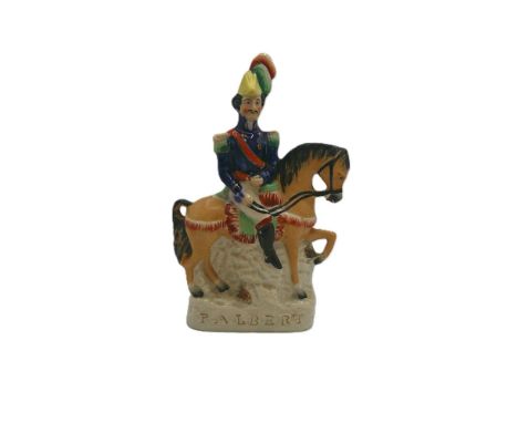 A Staffordshire portrait figure of Prince Albert on horseback. Titled P. Albert, Circa 1854, size 19cm high. Condition, Resto