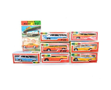 Yonezawa toys Diapet die-cast model vehicles, eight including ref P-1 Toyota new Crown airport taxi; ref P-59 airport taxi; r