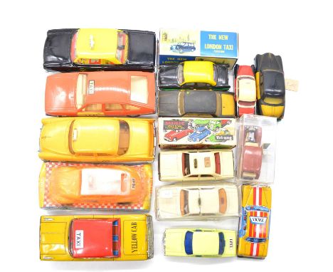 Tin-plate and plastic models, mostly taxis, sixteen by various makers including Tri-ang Minic Jowett Javelin, boxed; Plastico