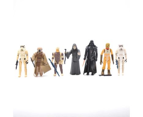 Star Wars figures by Palitoy / Kenner, seven including Darth Vader, with orange Lightsaber; The Emperor, with stick; two Stor