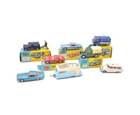 Corgi Toys die-cast models, eight boxed and loose examples including ref 448 BMC Mini Police car with tracker dog; ref 464 Co