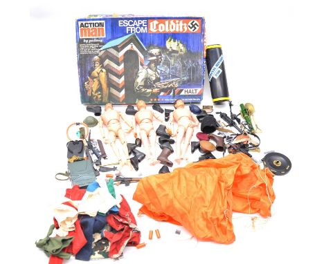 Palitoy Action Man, three figures including one hard head figure, selecton of clothing, helmets, boots and accessories; along