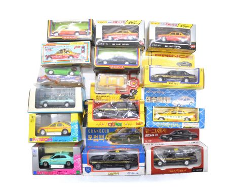 Japanese model cars and taxis, fifteen various makers including Mtech Epoch Nissan Cedric taxi; Mtech Epoch Toyota Crown taxi