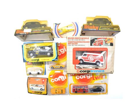 Die-cast model vehicles, ten including CorgiTronics ref 1006 Radio-Disco Mobile 'Radio Luxembourg'; Corgi twin ref 2501 Route