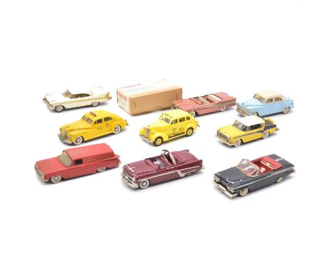 1:43 scale white metal models, nine loose models including Western Models 1956 Plymouth; Alloy Forms Inc 1949 De Soto Custom 