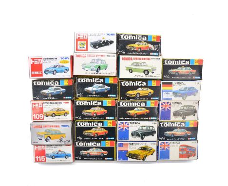 Tomica and Tomy die-cast model vehicles, twenty-two including Tomica ref 28 Cedric Taxi (x7); Tomica ref F15 London bus; Tomy