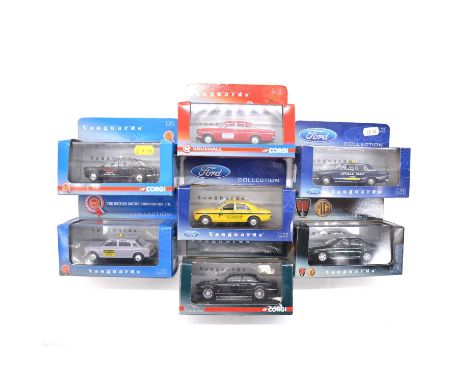 Vanguards 1:43 scale taxi models, seven including ref VA08908 Austin 1800 'Dragon's Taxi'; ref VA06409 Vauxhall Cresta 'Acces