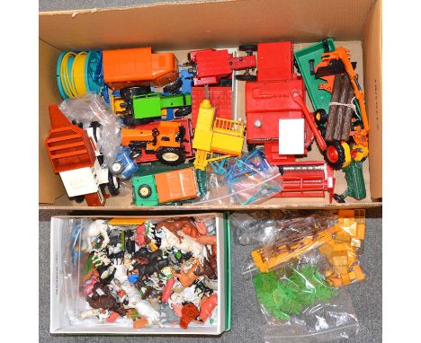 Britains farm toys, one box including MB Teac 1500 tractor; Volvo BM tractor; Deutz-Fahr DX92; other tractors; FWV 2000 logge