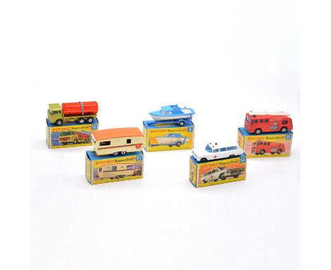 Matchbox Superfast die-cast models, five including no.58 DAF girder truck; no. 54 Cadillac ambulance; no.9 boat and trailer; 