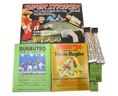 Three table sports game sets, including Subbuteo Table Soccer set, Continental Club edition; Subbuteo Table Rugby set, Intern