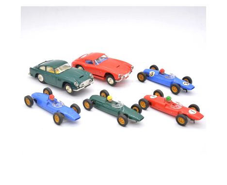 Scalextric by Tri-ang slot car racing cars, six including ref C69 Ferrari GT 250 Berlinetta, in red; ref C68 Aston Martin DB4