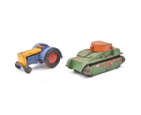 Dinky Toys, two pre-war examples including ref 22F Army tank, green body, orange gun (no tracks); 22E farm tractor (replaced 