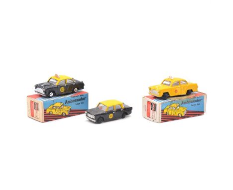 Maxwell Mini die-cast models, three including Ambassador yellow taxi, boxed; Two Fiat taxi models, one boxed.Qty: 3