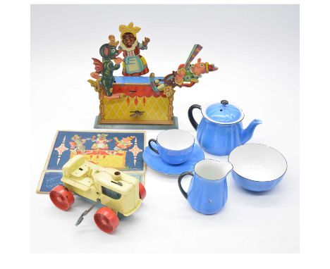 German tin-plate clock-work toy, with three fighting figures, bell, width 17cm, with part of the box; blue child's tea set; P