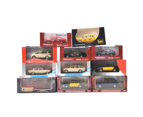 Eleven die-cast model vehicles, including Sun Star ref 10200 London taxi; Minichamps Mercedes-Benz W 123 limousine taxi; J-co