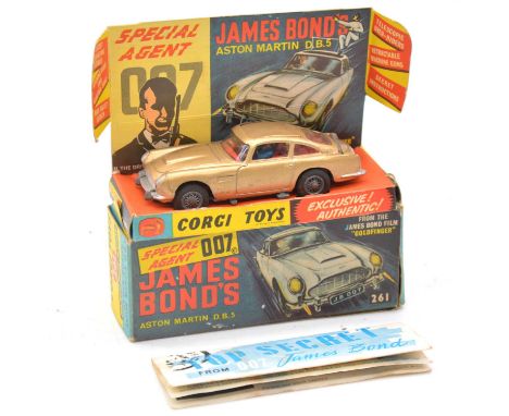 Corgi Toys die-cast model ref 261 007 special agent James Bond's Aston Martin DB5, gold body, with pop-out man; boxed with in