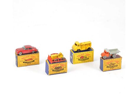 Matchbox Series die-cast models, four including no.65 Jaguar 3.4; no.6 quarry truck; no.18 Caterpillar tractor; no.28 compres