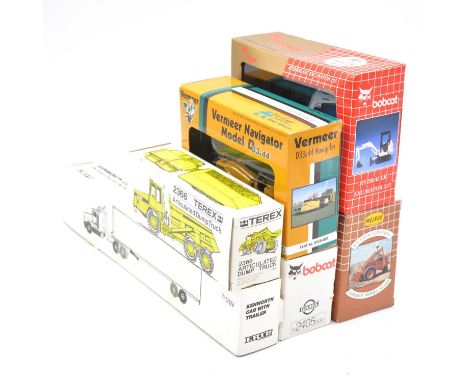 Construction vehicle models, six including Conrad 2366 Terex Articulated dump truck; Melroe Bobcat 225; Vermeer D33x44; Melro