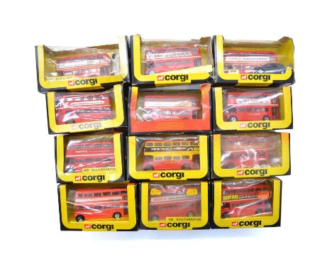 Corgi die-cast metal model London buses, twelve including ref 1365 London bus and taxi set 'BTA' livery; ref 469 Routemaster 