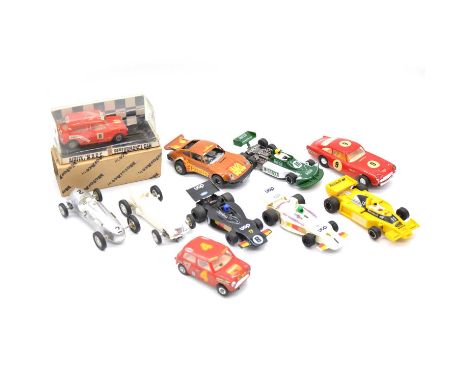 Slot-car racing cars, ten including Airfix MotorAce MRRC racing mini, red body, boxed; Auto Union; Mercedes Benz; kit-built M