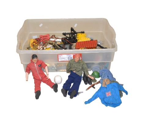 Two early Palitoy Action Man figures, both with hard heads, and a selection of mixed Meccano parts, in a suitcase. Qty: one s