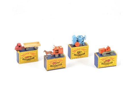 Matchbox Series die-cast models, four including no.3 cement mixer, blue; no.8 Caterpillar tractor, orange; no.7 milk float; n