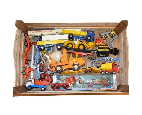 Die-cast models and vehicles, one tray of mostly construction type including Corgi tri-level car transporter; Priestmann; Mas