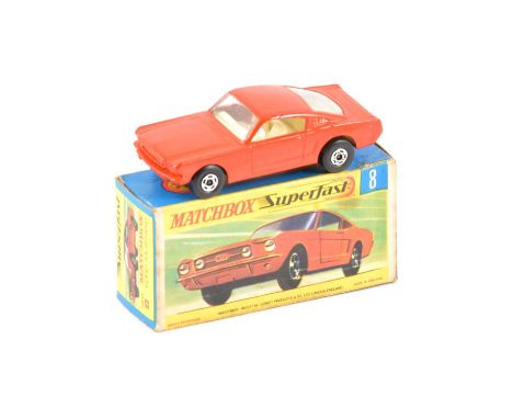 Matchbox Superfast die-cast model, no.8 Ford Mustang, red/orange body, cream seats, boxed.