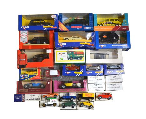 Twenty-nine die-cast model vehicles, including Corgi ref 425 London taxi; Corgi AEC 508 5ton cabover BP wagon; Matchbox 'Mode