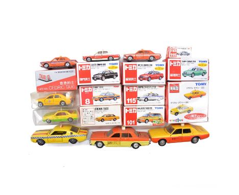 Tomica and Tomy die-cast model vehicles, eighteen including ref 115 Toyota Crown Majesta taxi; Tomy ref 101 Honda Odyssey wag