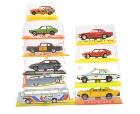 Ten die-cast model vehicles, including Joal ISO Rivolta Coupe GT; Guisval ref 125 Fiat 130 taxi; Pilen ref M523 Seat 1200; Mi