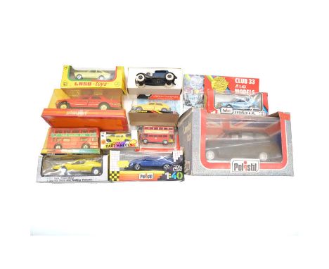 Model cars and vehicles, eleven including Luso Toys Opel Kadett GTE; Polistil S711 London Taxi; Zylmex Dart Wheels Mercedes 3