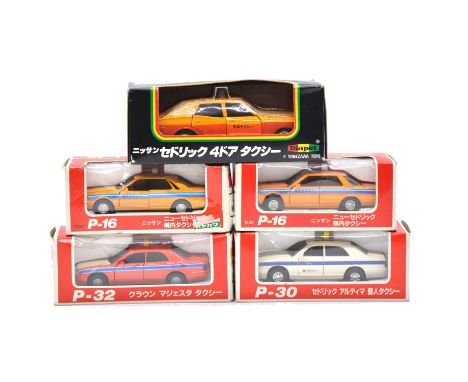 Yonezawa Toys Diapet die-cast model vehicles, five including ref P-16 Nissan new Cedric taxi (x2); ref P-30 Nissan Cedric Ult