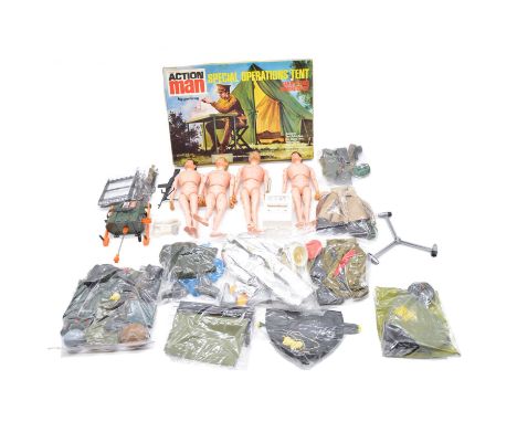 Action Man by Palitoy, a collection including four figures, all with fuzzy hair; selection of outfits including Astronaut set