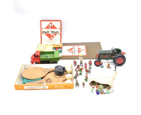 Tin-plate tractor; Tri-ang/Line Bors tin-plate tipper truck; bag of vintage marbles, pingpong bats, Monopoly game and a small