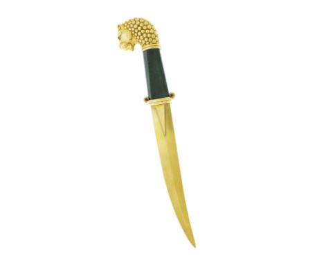Asprey, letter opener 18K gold featuring a lion's head on a nephrite handle, set with round brillant and cabochon cut rubies,