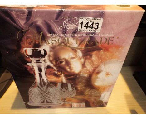 Boxed Masquerade crystal decanter and two brandy glasses. Not available for in-house P&amp;P, contact Paul O'Hea at Mailboxes