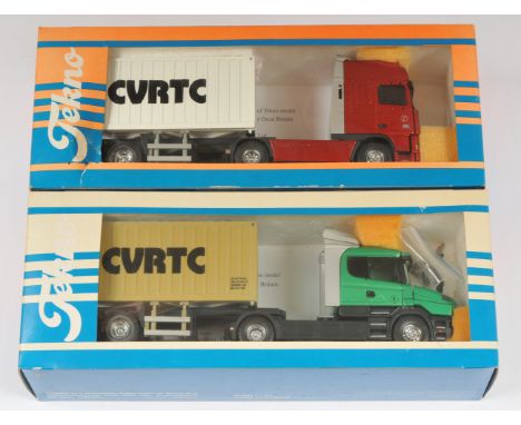 Tekno 1:50 Scale Boxed "CVRTC" Pair, to include; (1) Scania 144L Longnose Cab with Container Trailer (discoloured), CVRTC -19