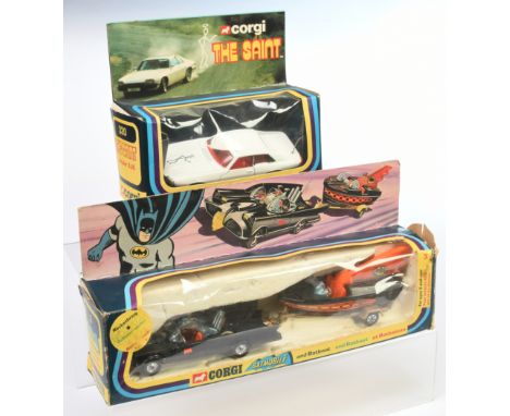 Corgi Toys Boxed TV &amp; Film Related Pair, to include 1) GS3 "Batman" Batmobile and Batboat, black body, blue windscreens, 